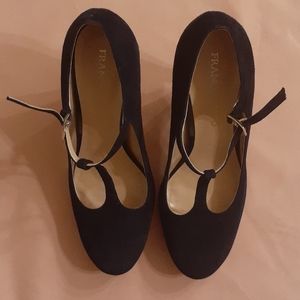 Franco Sarto Neven Black T-Strap Suede Pumps